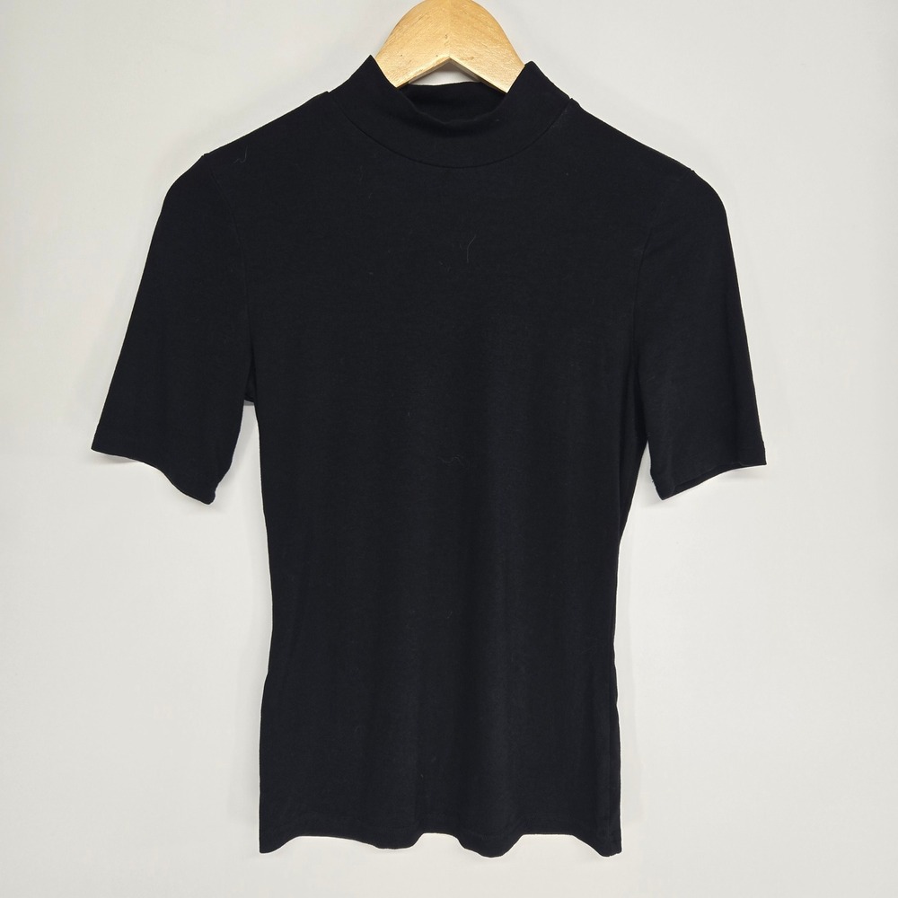 MANGOPOP Mock Neck Top Women‎ S Black Short Sleeve Slim Fit Stretch Layering Tee